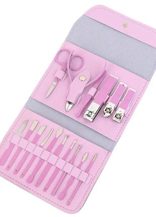 Набір для манікюру з 16 інструментів у футлярі,  синій, розовий, зелений