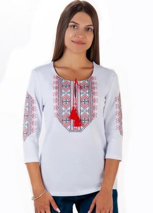 Вышиванка женская белая, вышитая трикотажная рубашка для женщин, красная вышиванка блуза женская2 фото