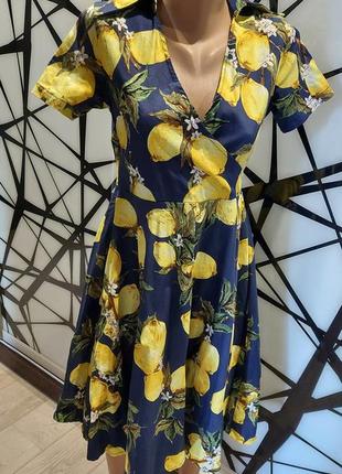 Платье клеш миди в лимоны темно-синего цвета 44-462 фото