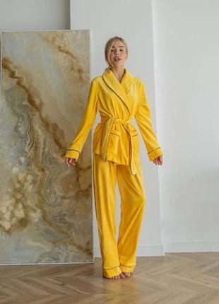 Велюровая желтая пижама велюровый домашний костюм