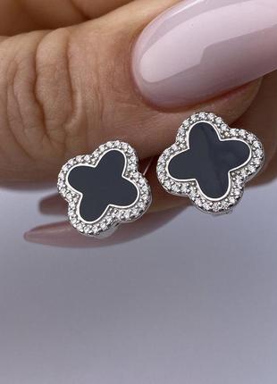 Серебряные серьги клевер эмалью родий