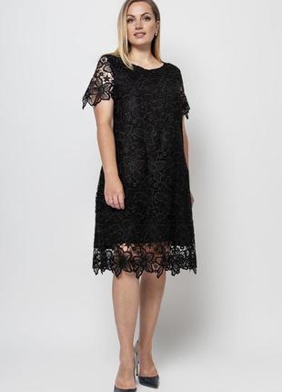Хлопковое черное платье-миди украшенное кружевом, больших размеров от 50 до 582 фото