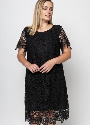 Бавовняна чорна сукня-міді прикрашена мереживом, великих розмірів від 50 до 58