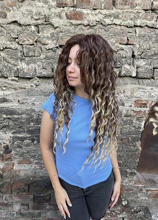 Парик афро, длинные кудри, кудри, кучерявый, каштановый со светлыми прядями