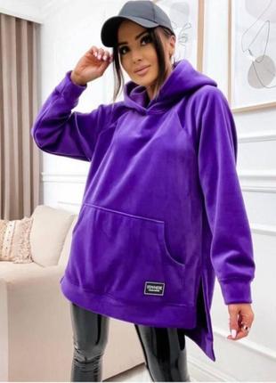 Худи туника теплая свободная с капюшоном карманы кенгуру рукав и низ манжет боковые разрезы по спинке удлиненнее ткань плюш на двунитке турция