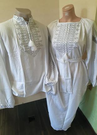 Льняное женское платье вышиванка для пары макси белое серая вышивка family look р.44 46