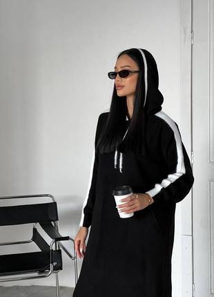 Платье в спортивном стиле вязаное теплое длинная с капюшоном черная и серая8 фото