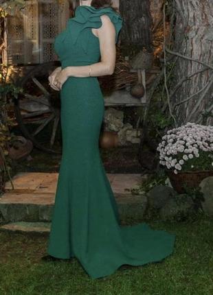 Платье платье вечернее изумрудного цвета на одно плечо со шлейфом3 фото