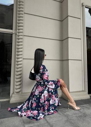 Платье шифон с цветами миди длина длинный рукав3 фото