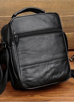 Кожаная сумка, мужская барсетка, каркасная черная сумка через плечо с ремнем 22х21х10 см, мессенджер3 фото