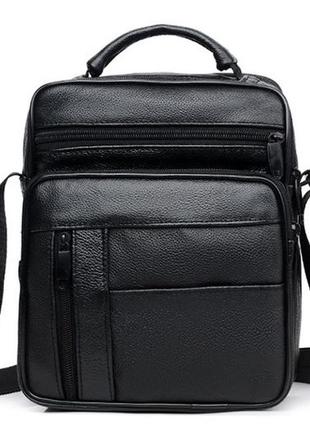 Кожаная сумка, мужская барсетка, каркасная черная сумка через плечо с ремнем 22х21х10 см, мессенджер