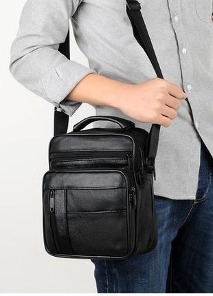 Кожаная сумка, мужская барсетка, каркасная черная сумка через плечо с ремнем 22х21х10 см, мессенджер9 фото