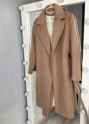 Базовое бежевое пальто с поясом h&m шерсть2 фото