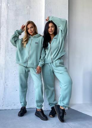 Шикарный тёплый спортивный бродяга костюм на флисе розовый зеленый голубой бежевый коричневый черный синий бирюзовый брюки штаны кофта худи рубашка