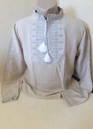 Мужская рубашка вышиванка лен бежевая для пары серая вышивка family look р. 42 - 608 фото