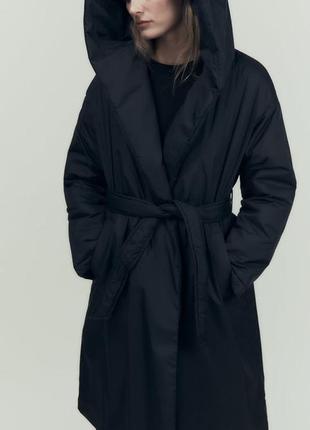 Zara -60% плащ теплий чорний з капюшоном, l, xl