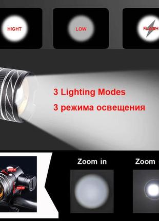 Яскрава led- велофара передня акумуляторна + zoom. велосипедна фара ліхтарик. ліхтарі для велосипедів fg009710 фото