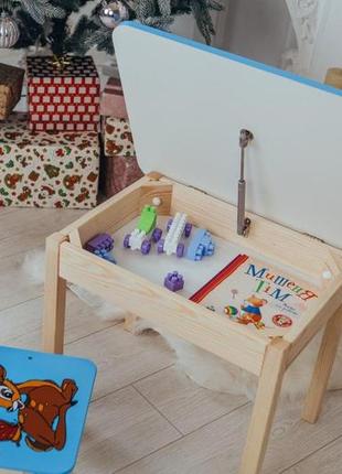 Столик детский прямоугольный с ящиком и стульчиком олененок 46х60х45 см синий (5421-4023)2 фото