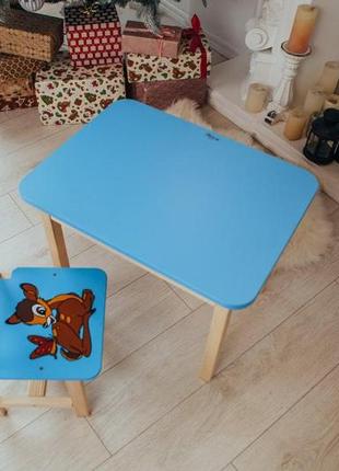 Столик детский прямоугольный с ящиком и стульчиком олененок 46х60х45 см синий (5421-4023)3 фото