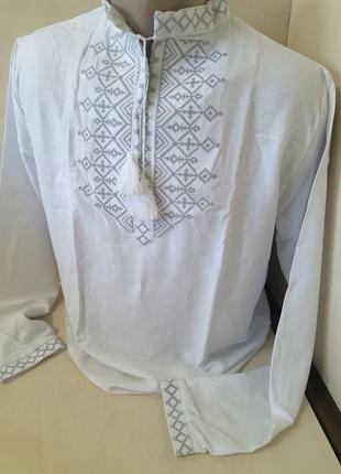 Мужская рубашка вышиванка лен белая для пары серая вышивка family look р. 42 - 609 фото