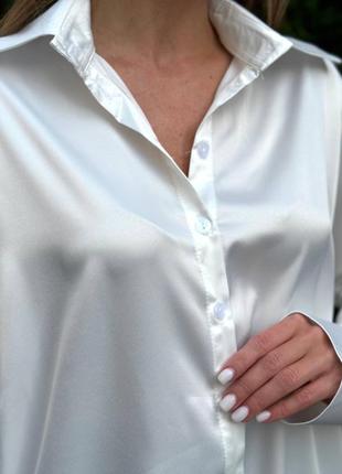 Женская шикарная белая рубашка оверсайз сатин стильная на работу в офис на обучение рубашка после платья наложка 46 44 48 s m l3 фото