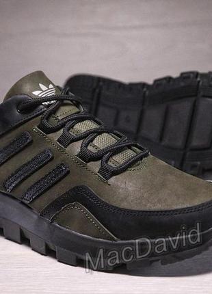 Кожаные мужские кроссовки adidas gore-tex olive9 фото