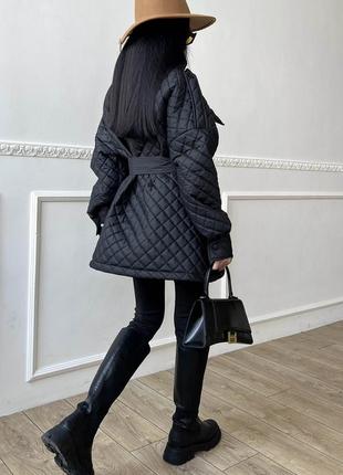 Куртка — сорочка жіноча стьобана, оверсайз, демісезонна, весняна, осінна, з поясом, чорна