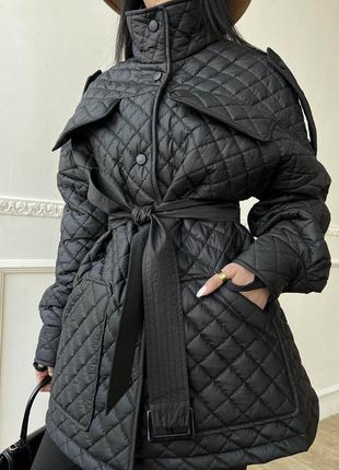 Куртка — сорочка жіноча стьобана, оверсайз, демісезонна, весняна, осінна, з поясом, чорна