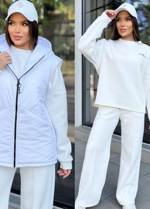 Костюм тройка жилетка безрукавка жилет теплый кофта толстовка свитшот брюки палаццо прямые штаны со швами молоко черный фисташка мокко серый