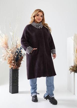 Жіноче пальто з альпаки без капюшона оздоблення батал 52/56 баклажан no 2592 фото