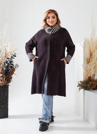 Жіноче пальто з альпаки без капюшона оздоблення батал 52/56 баклажан no 2593 фото