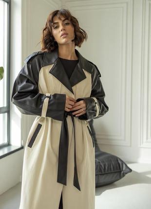 Тренч плащ під пояс шкіряний котоновий