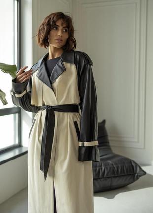 Тренч плащ під пояс шкіряний котоновий