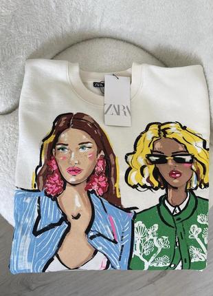 Бежевий утеплений світшот з принтом дівчини zara худі светр кофта толстовка зара1 фото