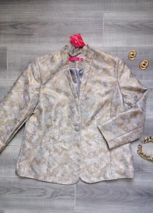 Нарядный вечерний женский пиджак жаккард жакет блейзер металлик золото2 фото