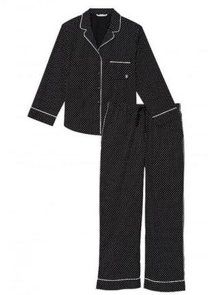 Пижама коттоновая (хлопок) victoria’s secret черная в белую точку брюками и рубашка с длинным рукавом оригинальный размер s