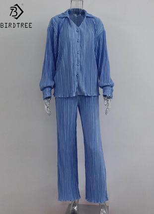 Жіночий плісирований костюм, штани та блузка блакитного кольору, комплект оверсайз9 фото