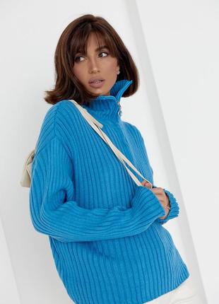 Женский свитер оверсайз с воротником на молнии. модель 01013 синий