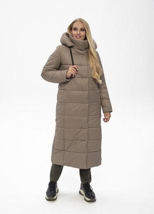 Стильное теплое бежевое женское зимнее пальто с капюшоном в размерах 46-585 фото