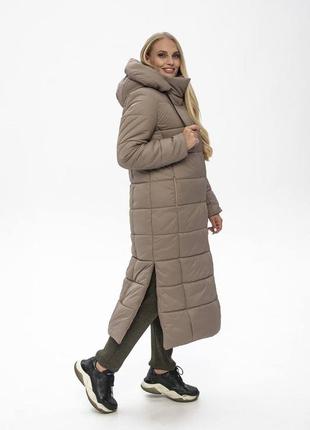 Стильное теплое бежевое женское зимнее пальто с капюшоном в размерах 46-5810 фото