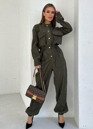 Вельветовый комбинезон карго с карманами талия на кулиске рубашка джоггеры на резинке бежевый черный малиновый хаки