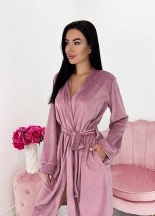 Велюровый домашний халат на запах с поясом мягкий плюшевый женский графит сливовый розовый темно синий1 фото