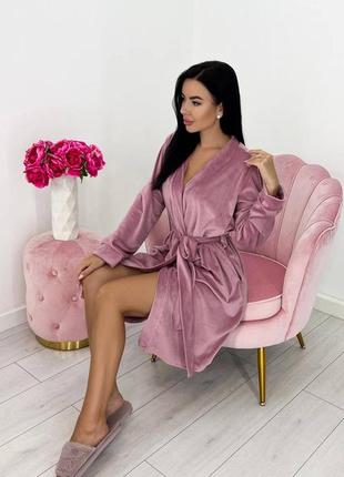 Велюровый домашний халат на запах с поясом мягкий плюшевый женский графит сливовый розовый темно синий4 фото