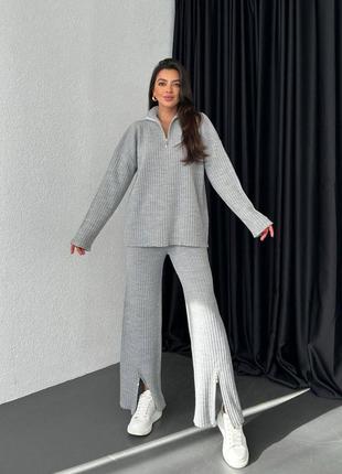 Женский трендовый серый трикотажный костюм оверсайз джемпер + широкие брюки 2023 года весна осень1 фото