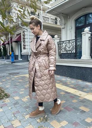 Женское теплое пальто ниже колен стеганая плащевка силикон 2002 фото