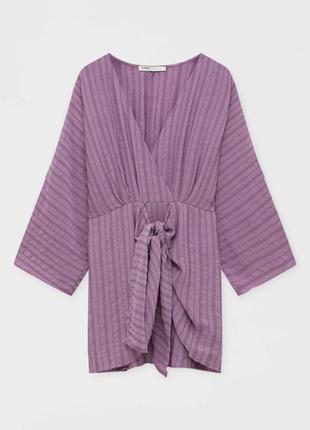 Платье кимоно сиреневое в полоску с узлом6 фото