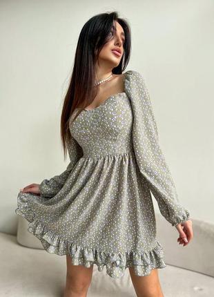 Женское приталенное платье мини, с цветочным принтом, олива4 фото