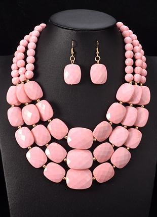 Женский набор украшений розовые бусы и серьги, украшения на шею женские, бижутерия, нежно розовое ожерелье