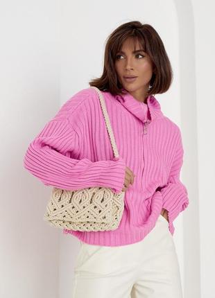 Женский свитер оверсайз с воротником на молнии. модель 01013 розовый8 фото