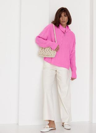 Женский свитер оверсайз с воротником на молнии. модель 01013 розовый3 фото